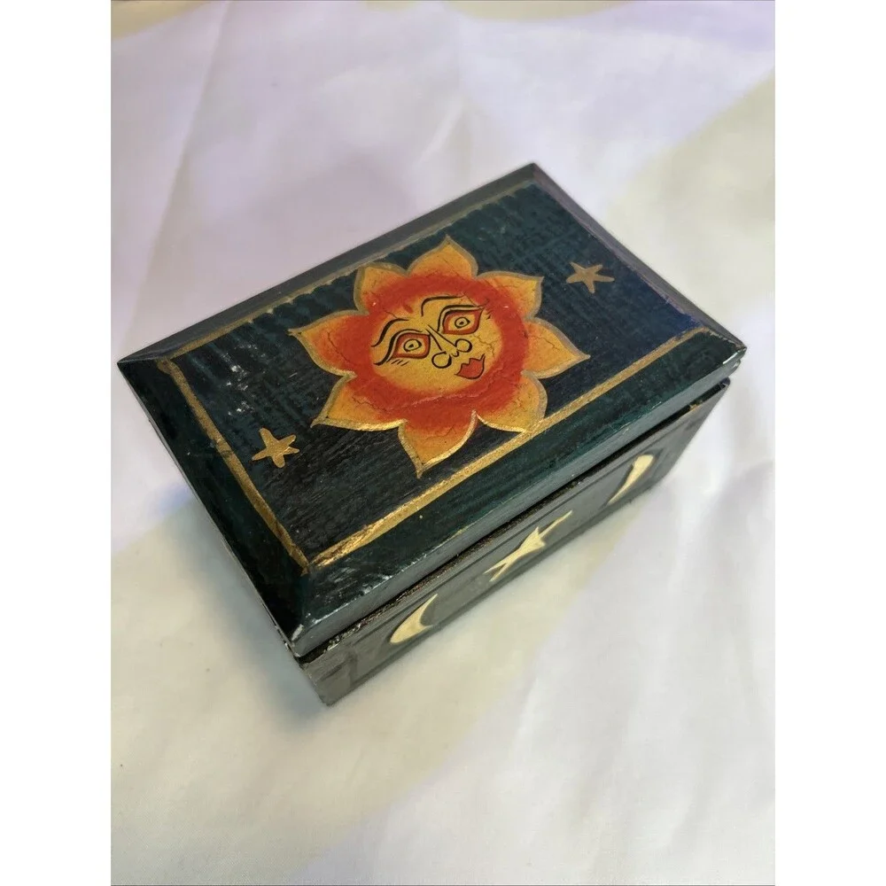 Vintage Celestial Wooden Trinket Box 4x3x3 Sun Moon Stars